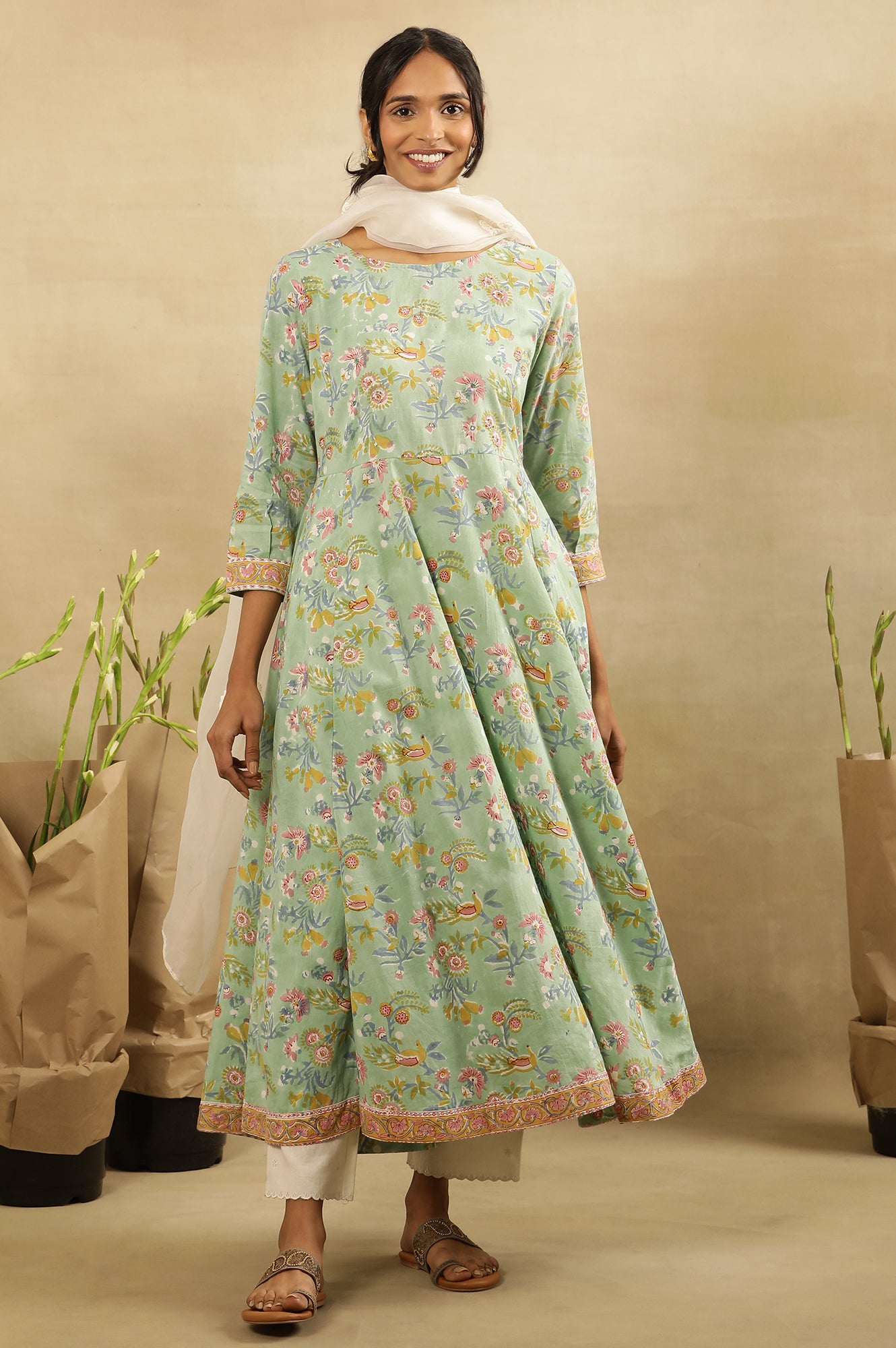 Green Block Printed Round Neck Flared Kurta