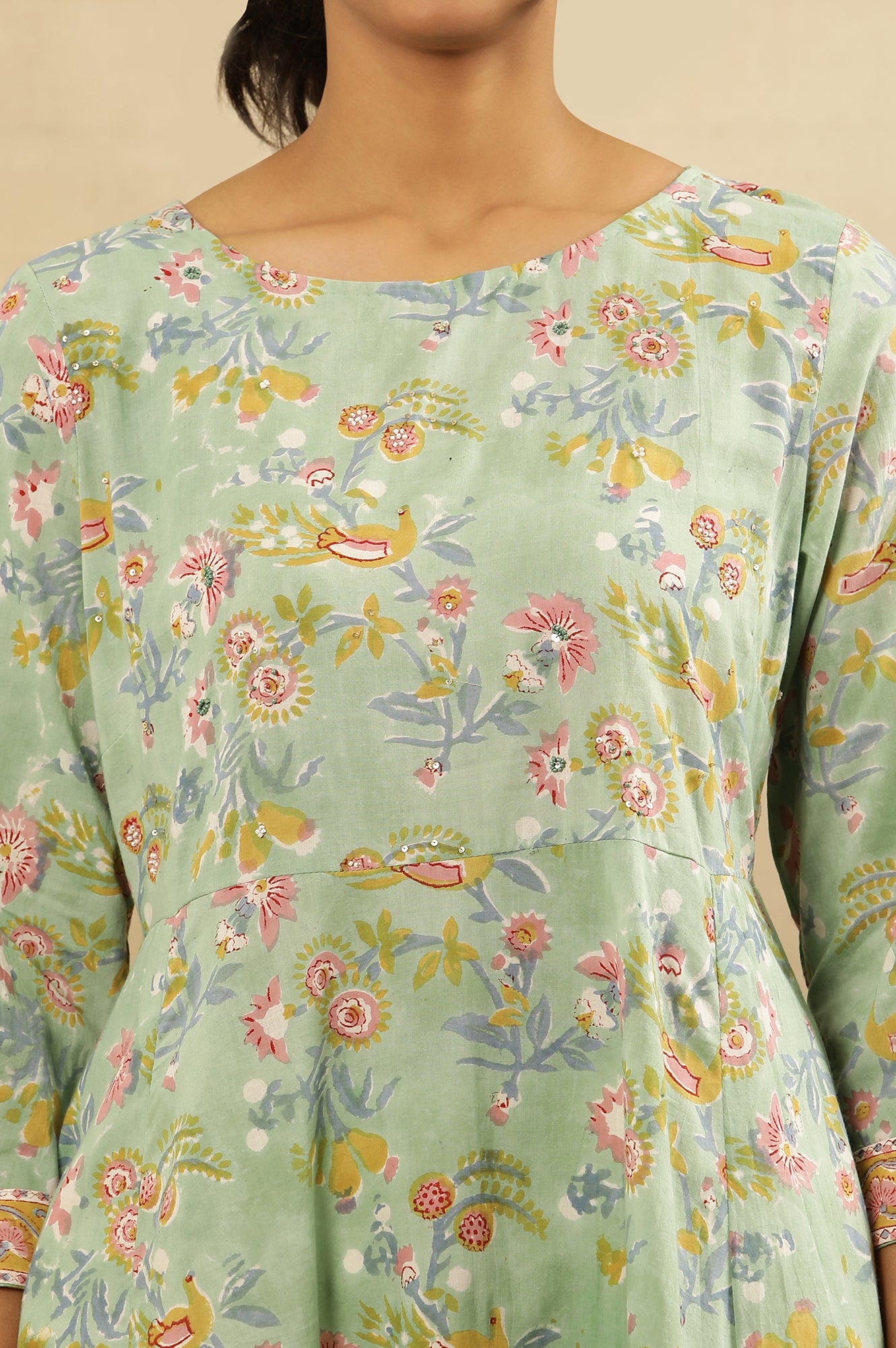 Green Block Printed Round Neck Flared Kurta