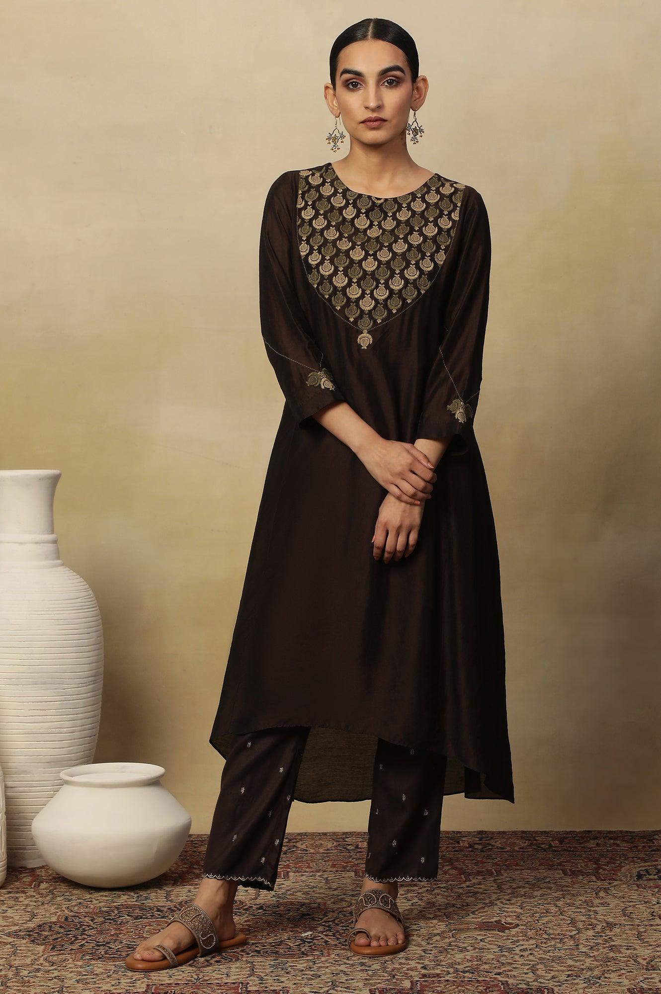 Brown Embroidered Kurta In Chanderi - wforwoman