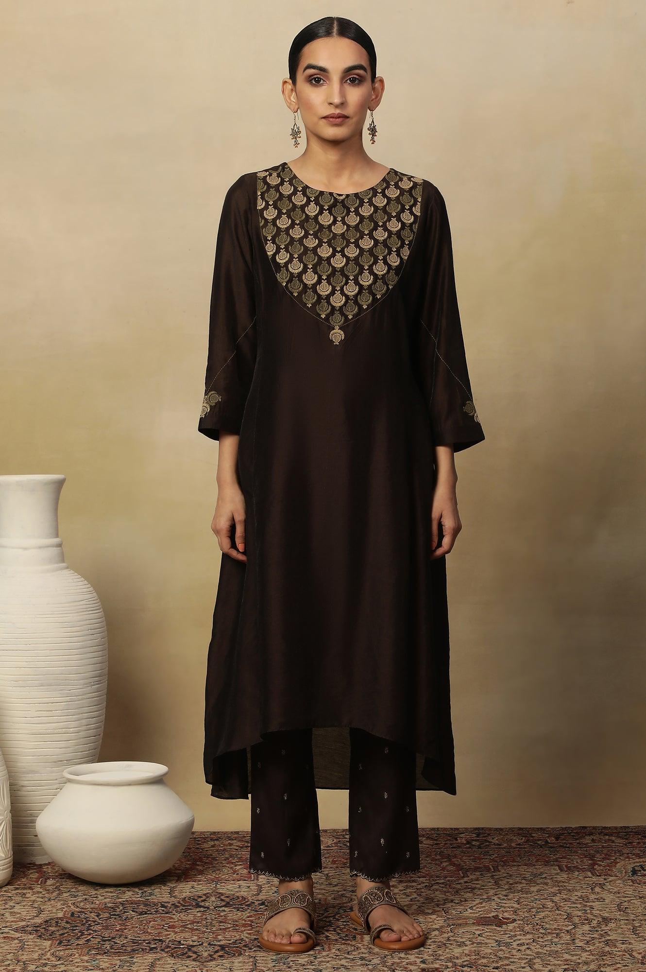 Brown Embroidered Kurta In Chanderi - wforwoman