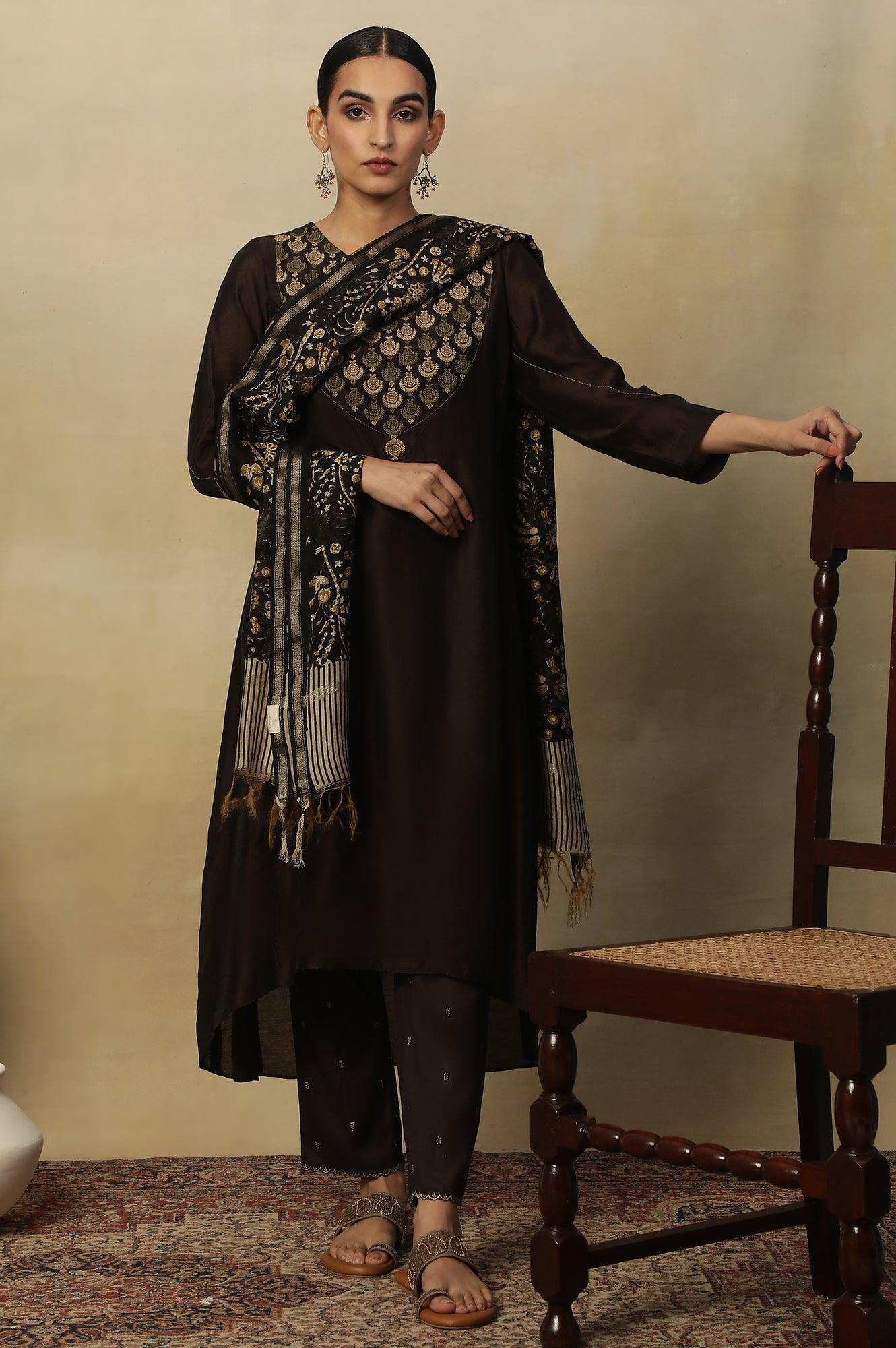 Brown Embroidered Kurta In Chanderi - wforwoman