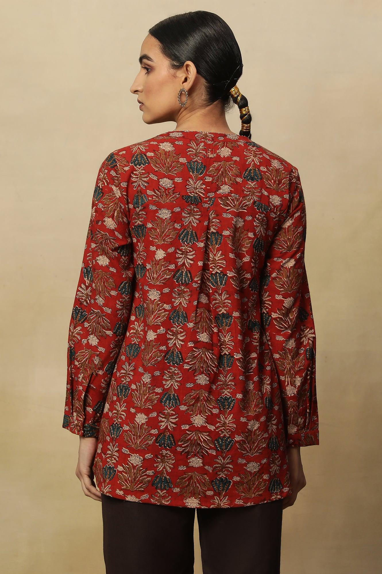 Brick Red Floral Block Print Kurta With Half Placket - wforwoman