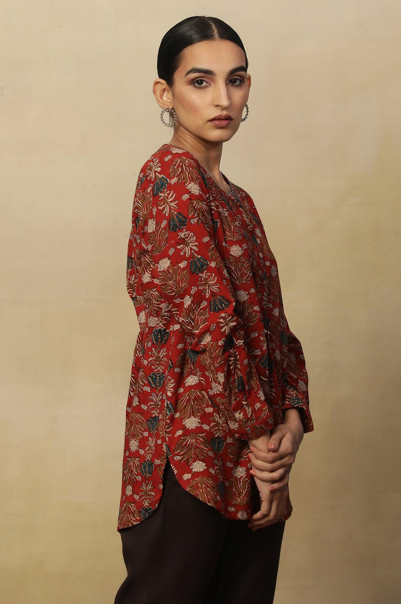 Brick Red Floral Block Print Kurta With Half Placket - wforwoman