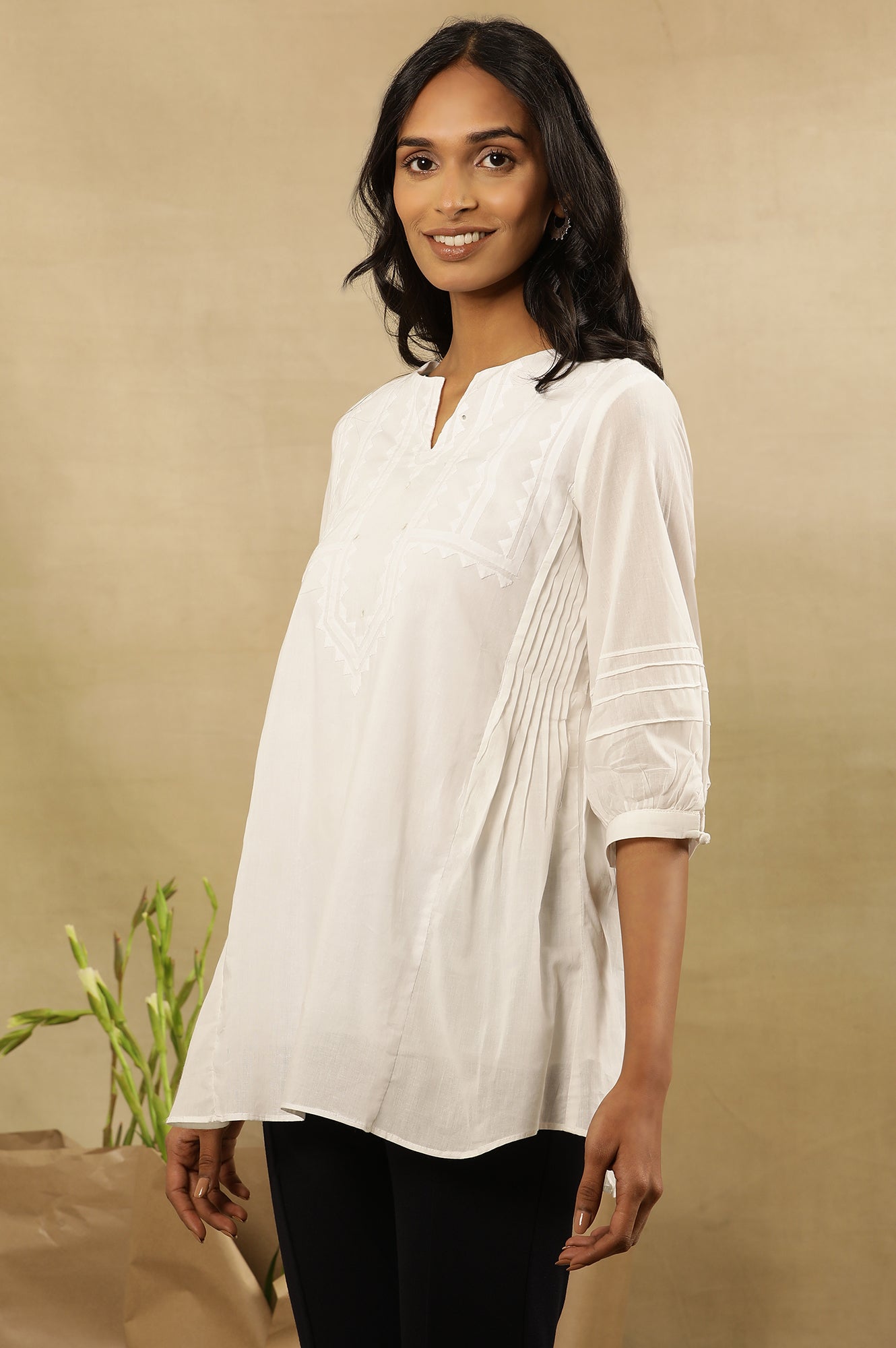 White Applique Work Cotton Voile Top With Mirror Work