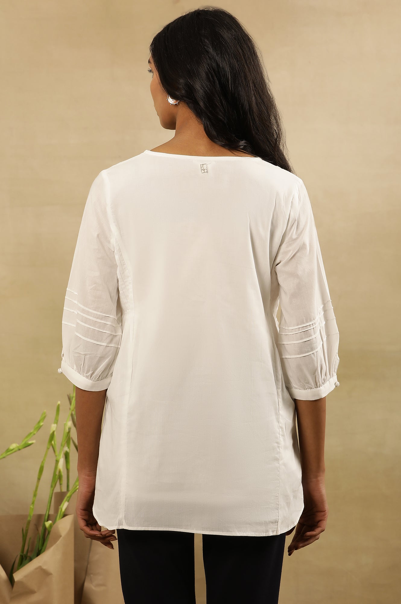 White Applique Work Cotton Voile Top With Mirror Work