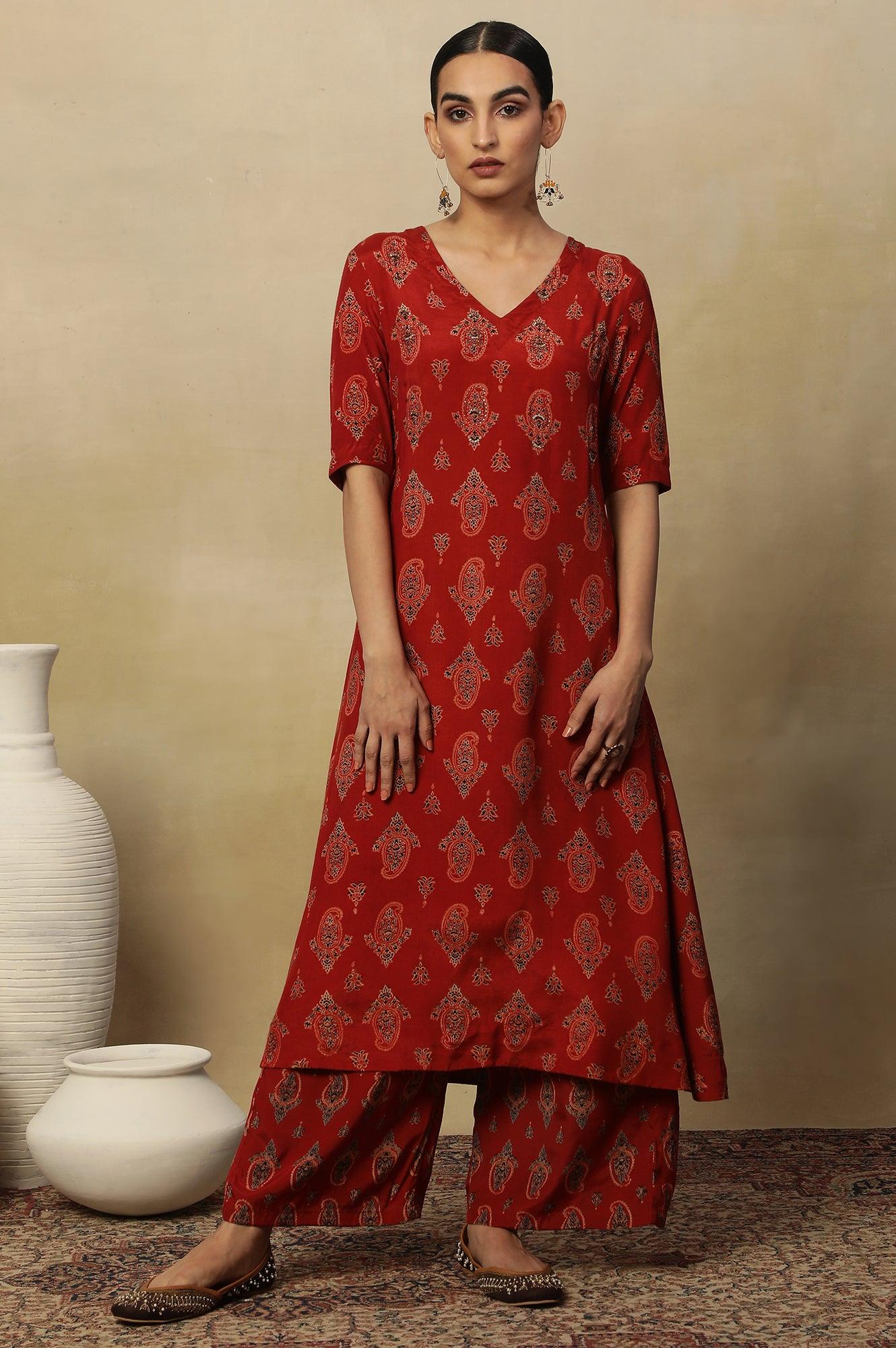 Red Printed Embroidered Red Parallel Pants - wforwoman