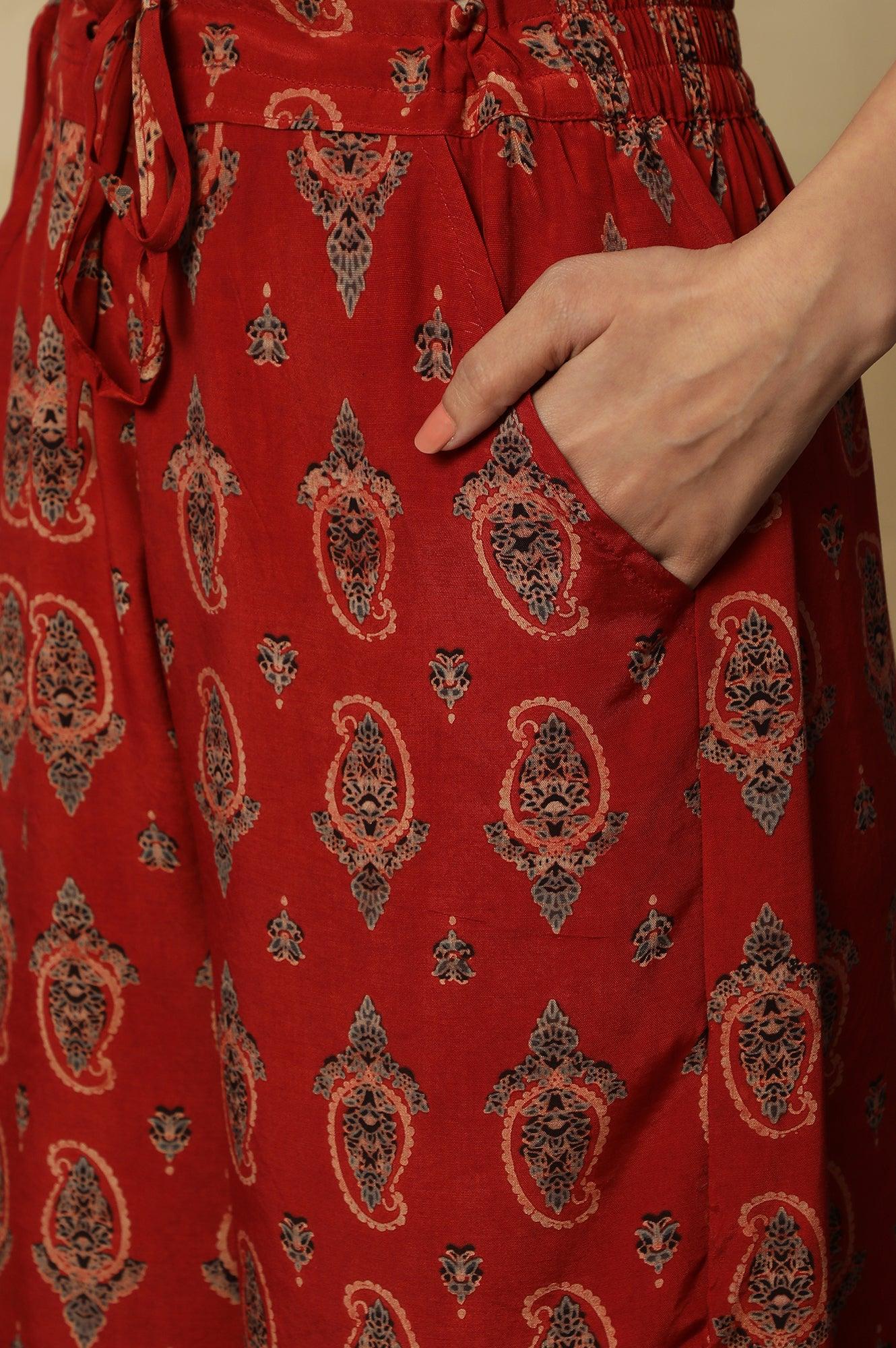 Red Printed Embroidered Red Parallel Pants - wforwoman