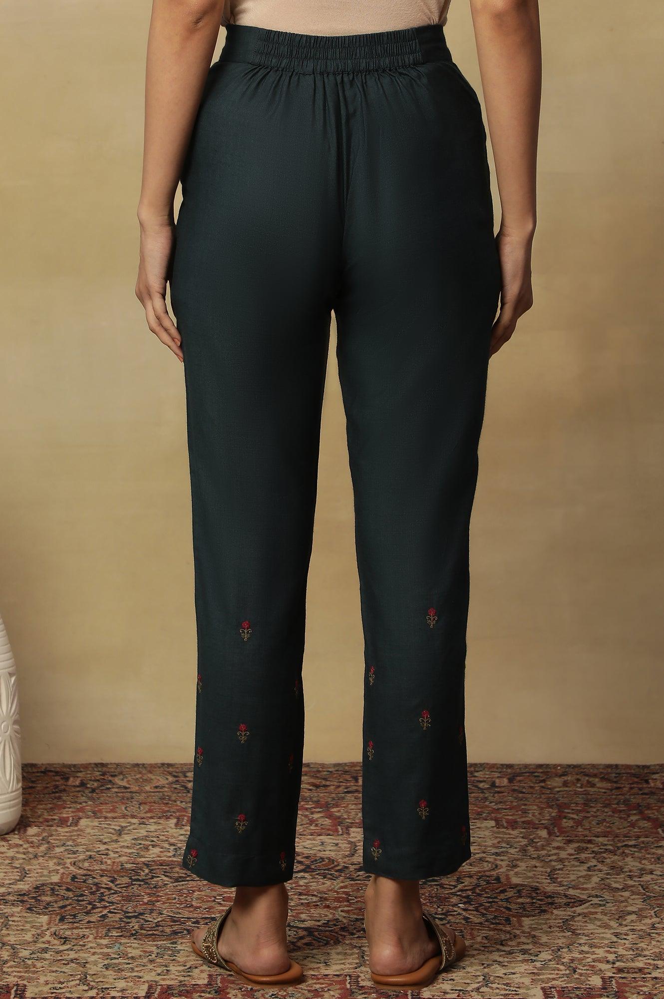 Teal Blue Embroidered Slim Pants - wforwoman