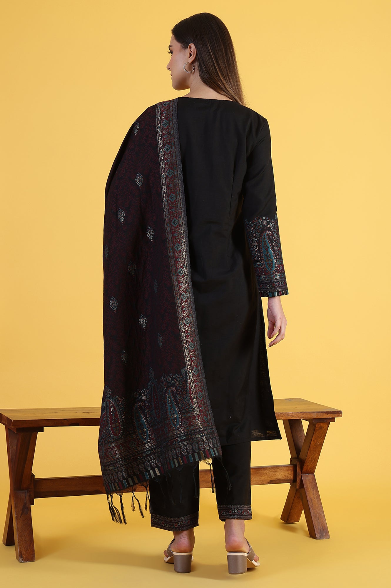 Black Yarn Dyed Sequins A-Line Kurta & Straight pant with Dupatta Set