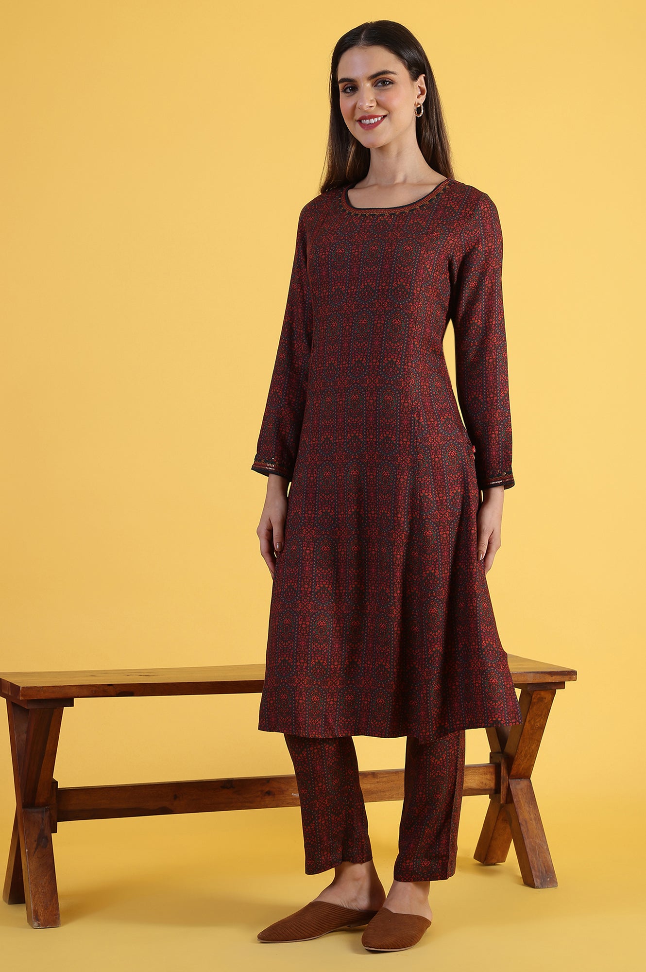 Maroon Printed A-Line Kurta & Straight pant Set