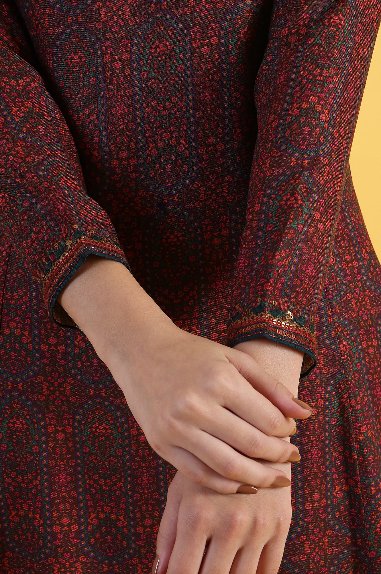 Maroon Printed A-Line Kurta & Straight pant Set