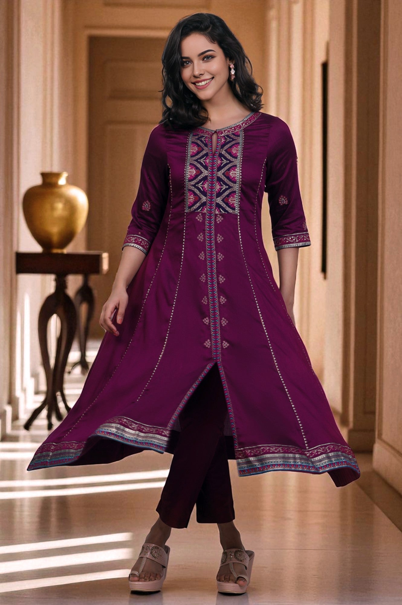 Myntra Aurelia Jeggings Buy Purple Embroidered Flared Kurta And