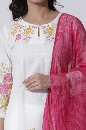 White & Pink Ombre Floral Printed Cotton Kurta, Straight Pants And Kota Dupatta