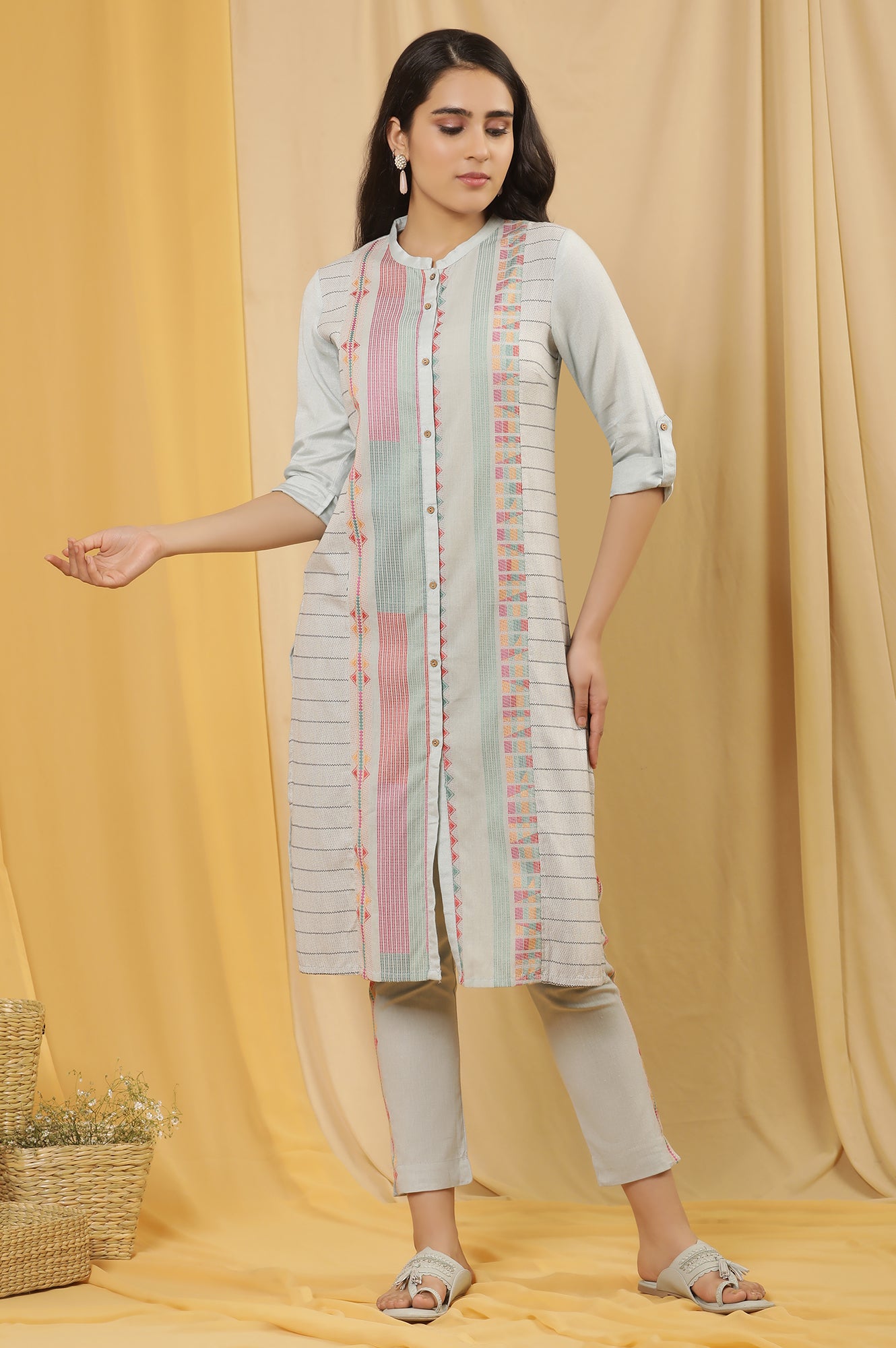 Light Blue Printed Dobby Kurta And Pants Set