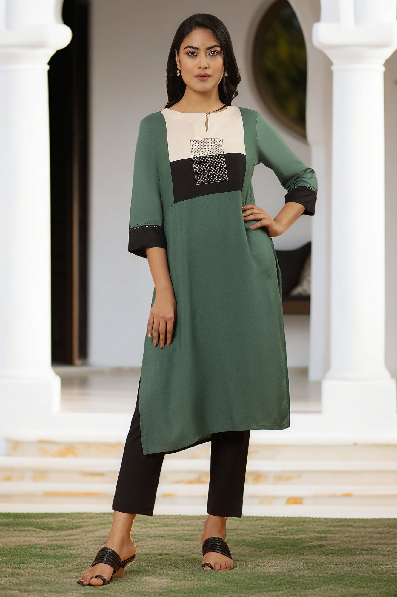 Green Dobby Kurta and Trousers Set