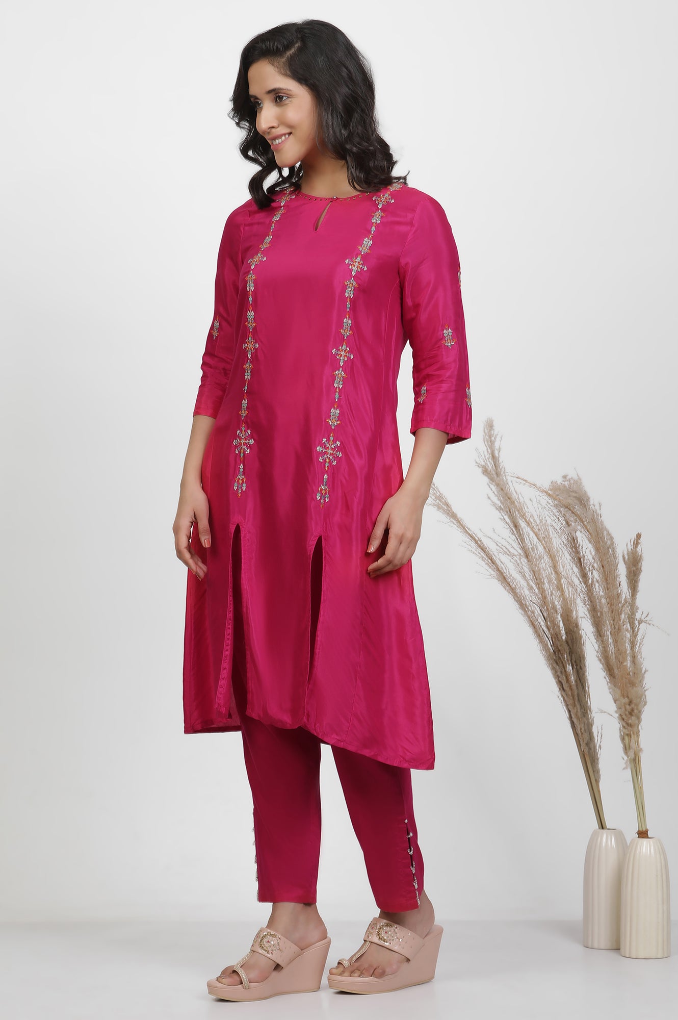 Pink Embroidered Shantung Kurta, Pants And Printed Dupatta Set