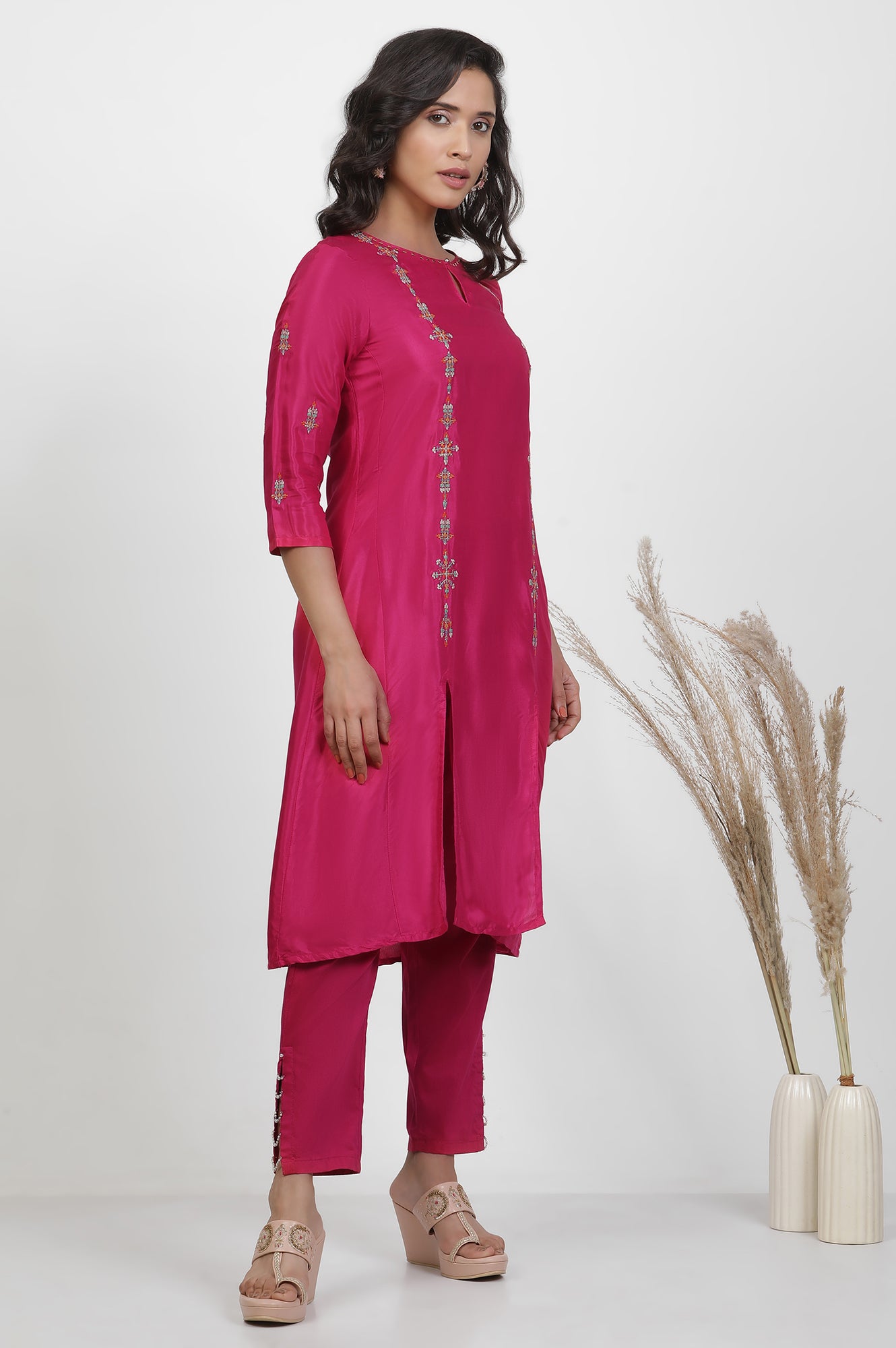 Pink Embroidered Shantung Kurta, Pants And Printed Dupatta Set