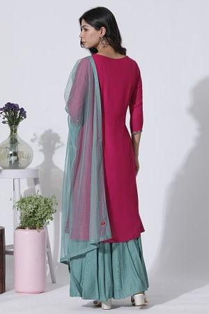 Dark Pink A-Line Embroidered Kurta, Culottes And Dupatta Set - wforwoman