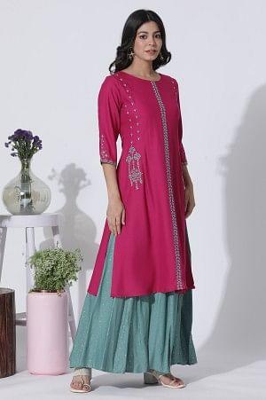 Dark Pink A-Line Embroidered Kurta, Culottes And Dupatta Set - wforwoman