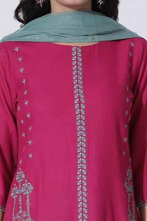 Dark Pink A-Line Embroidered Kurta, Culottes And Dupatta Set - wforwoman