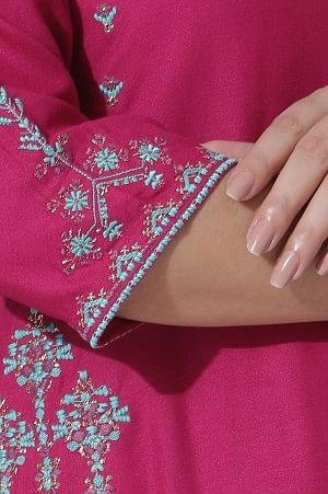 Dark Pink A-Line Embroidered Kurta, Culottes And Dupatta Set - wforwoman