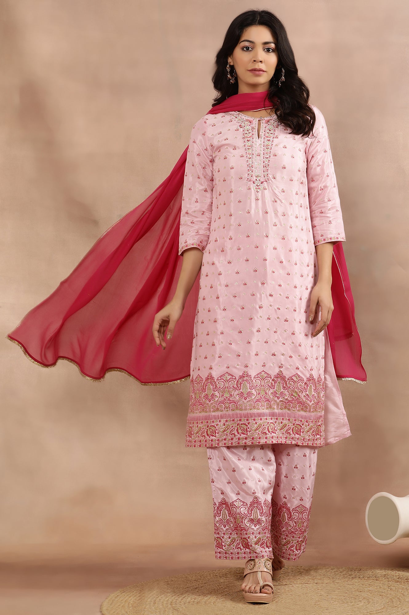 Women Pink Printed Straight Kurta Trousers With Dupatta Set