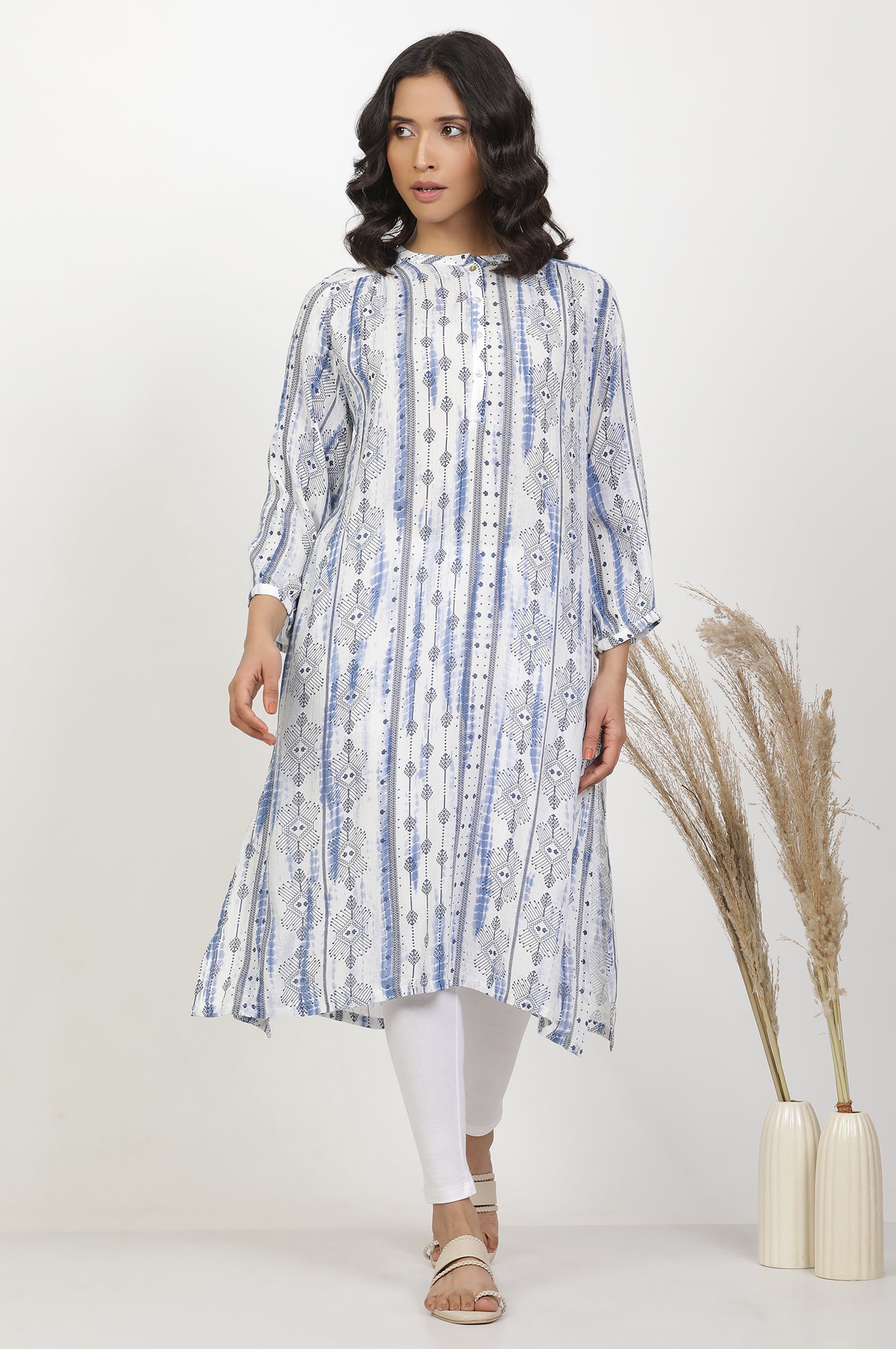 White And Blue Printed Kurta And Pants Set - wforwoman