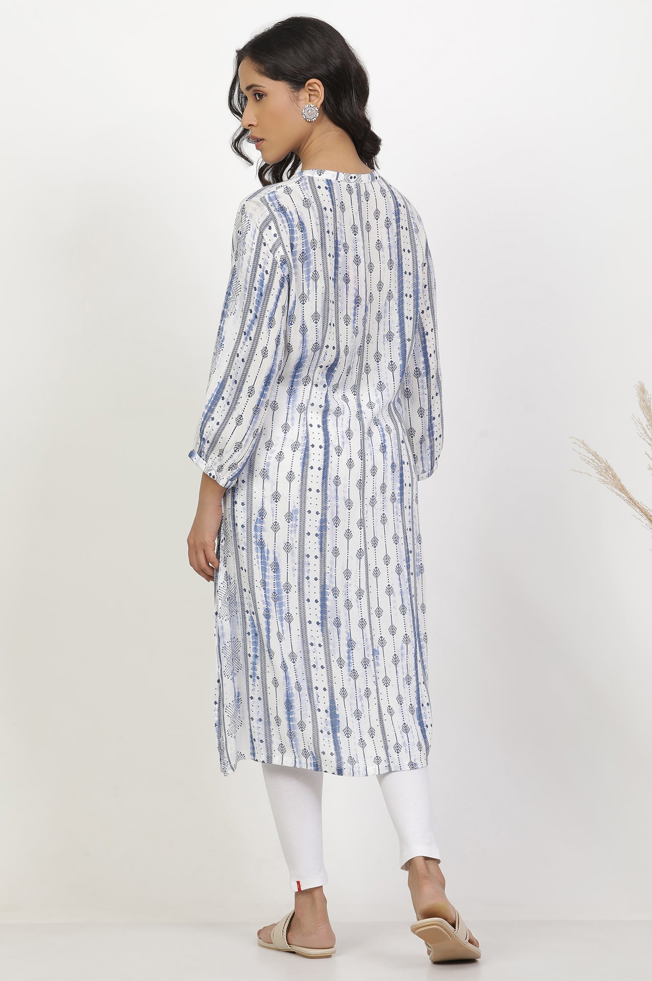 White And Blue Printed Kurta And Pants Set - wforwoman