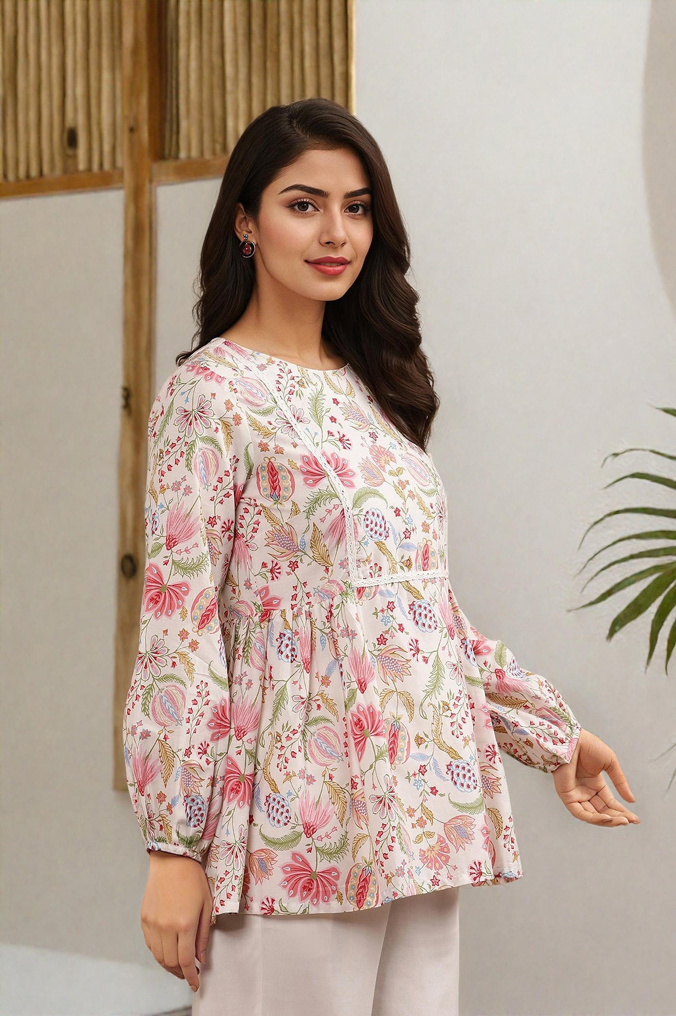 White Floral Printed Pure Cotton Top And Parallel Pants Set