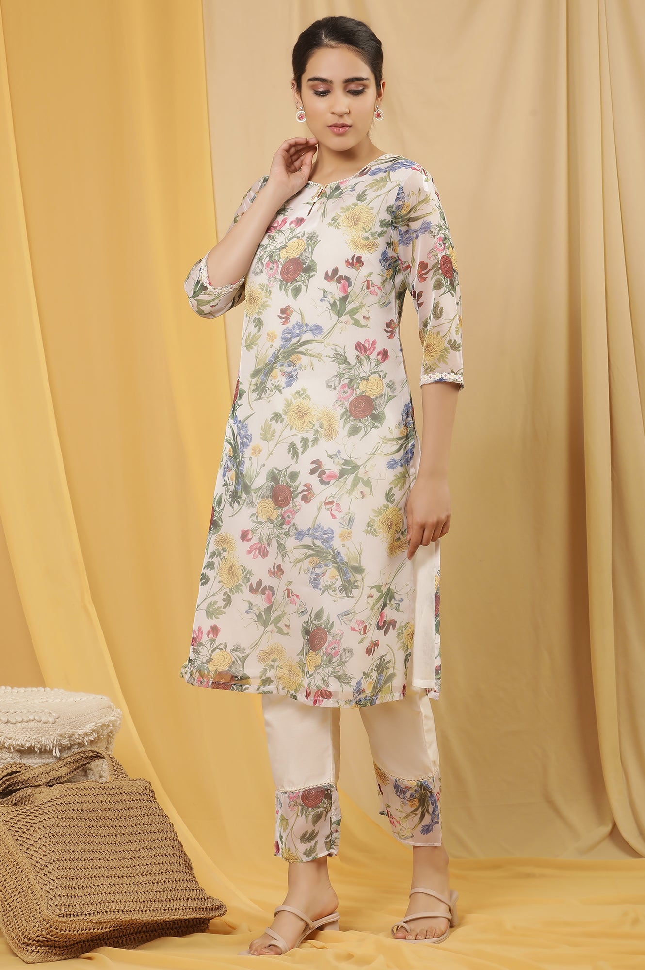 White Layered Organza Floral Printed Kurta