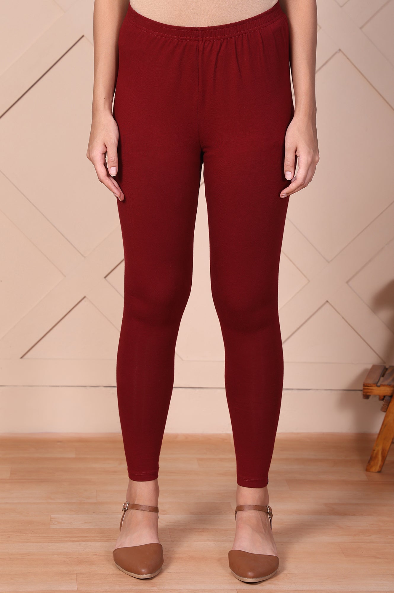 Maroon Solid Ankle-Length Cotton Leggings
