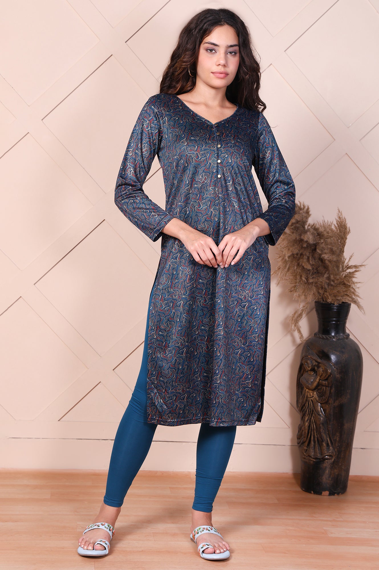 Blue Solid Ankle-Length Cotton Leggings