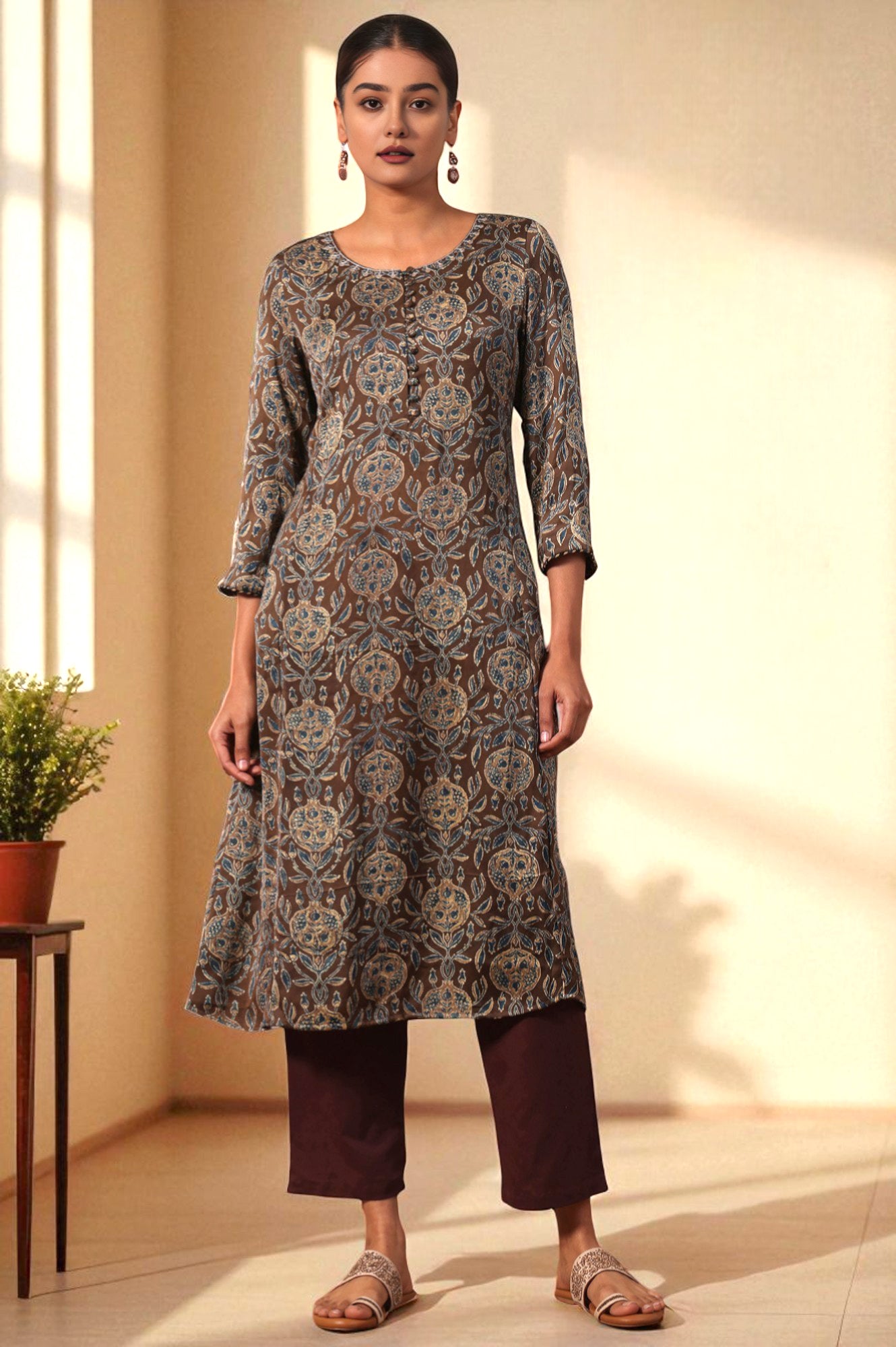 Floral Printed A-line Modal Satin Kurta