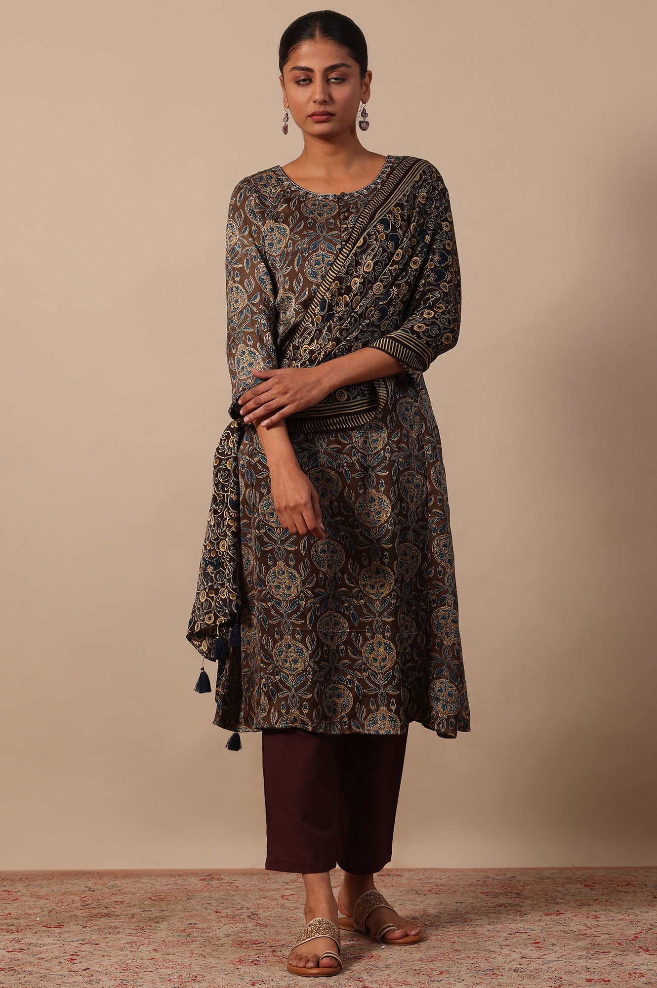 Floral Printed A-line Modal Satin Kurta