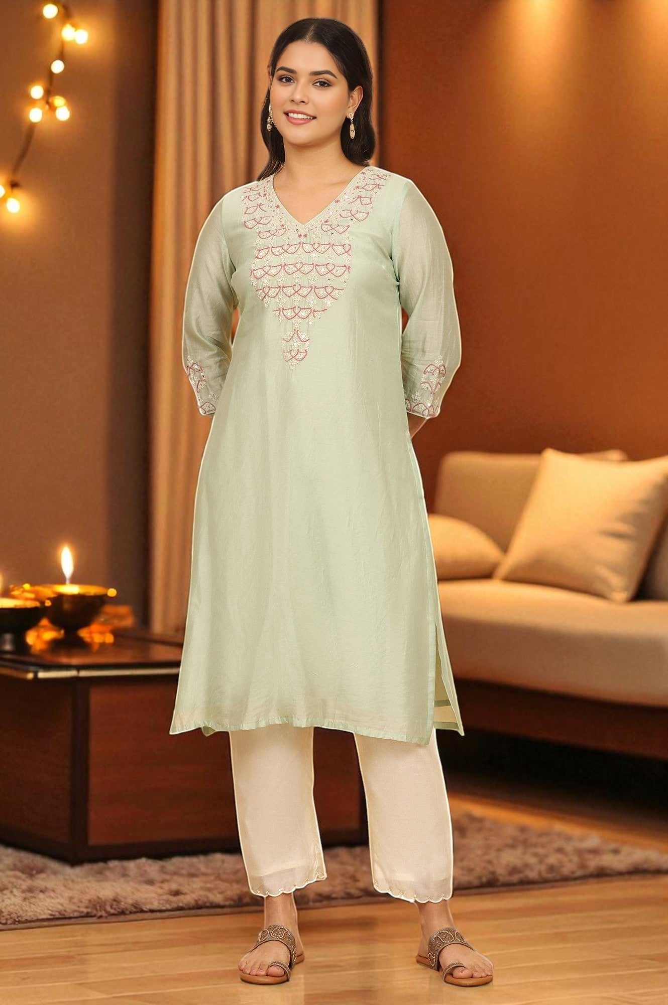 Light Green Chikankari Kurta in Cotton Silk