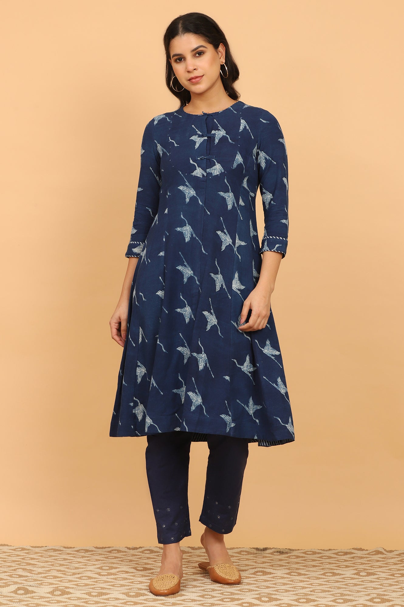 Indigo Handblock Print Flared Kurta in Rayon Flax