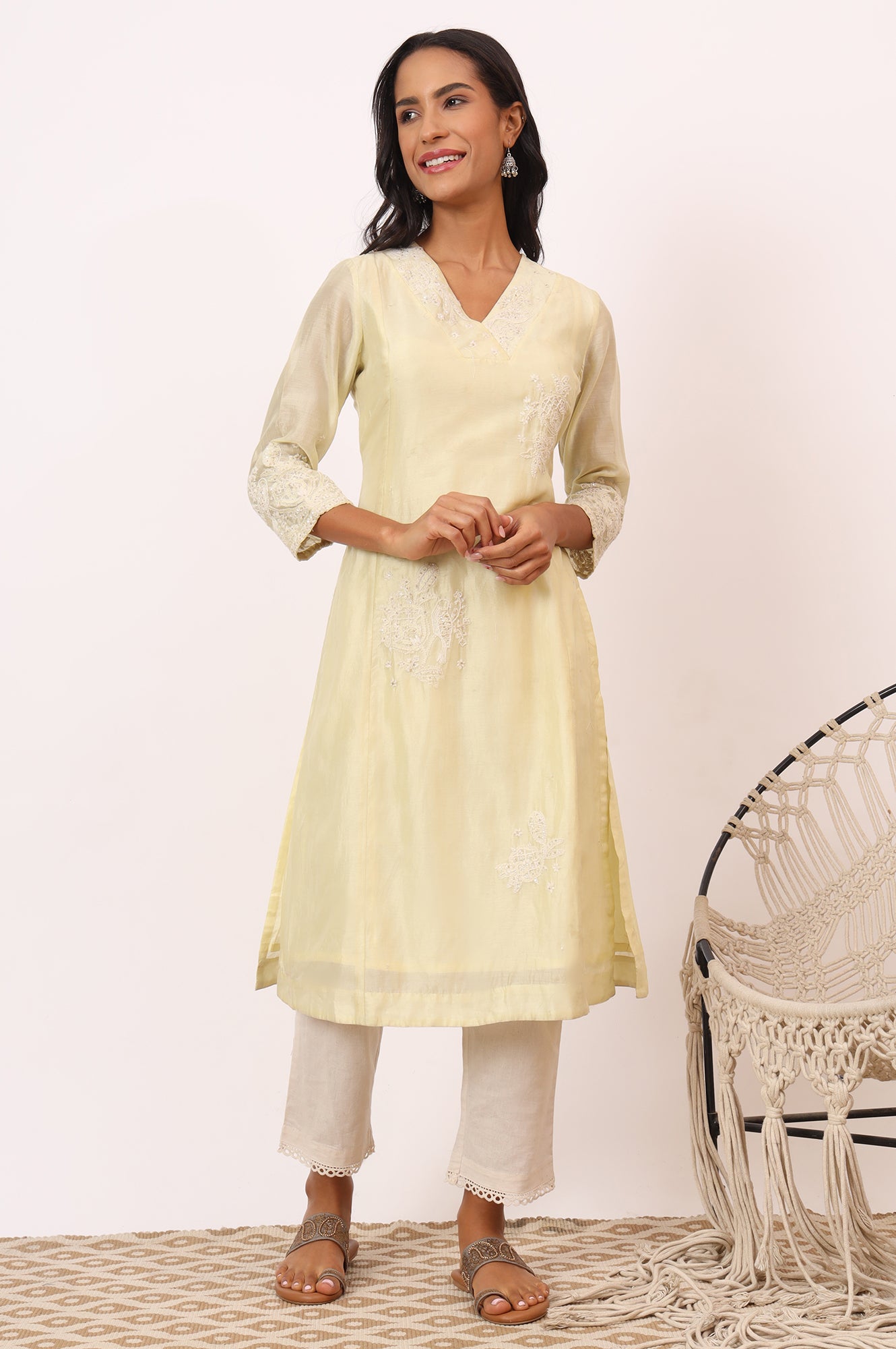 Light Lemon Chikankari Kurta in Cotton Silk