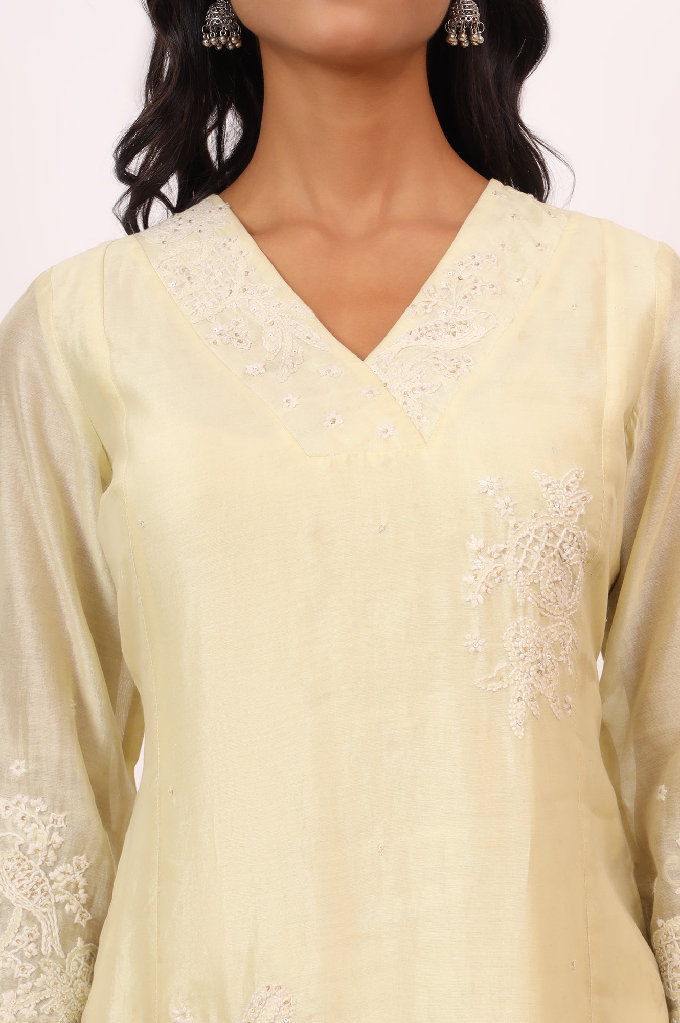Light Lemon Chikankari Kurta in Cotton Silk