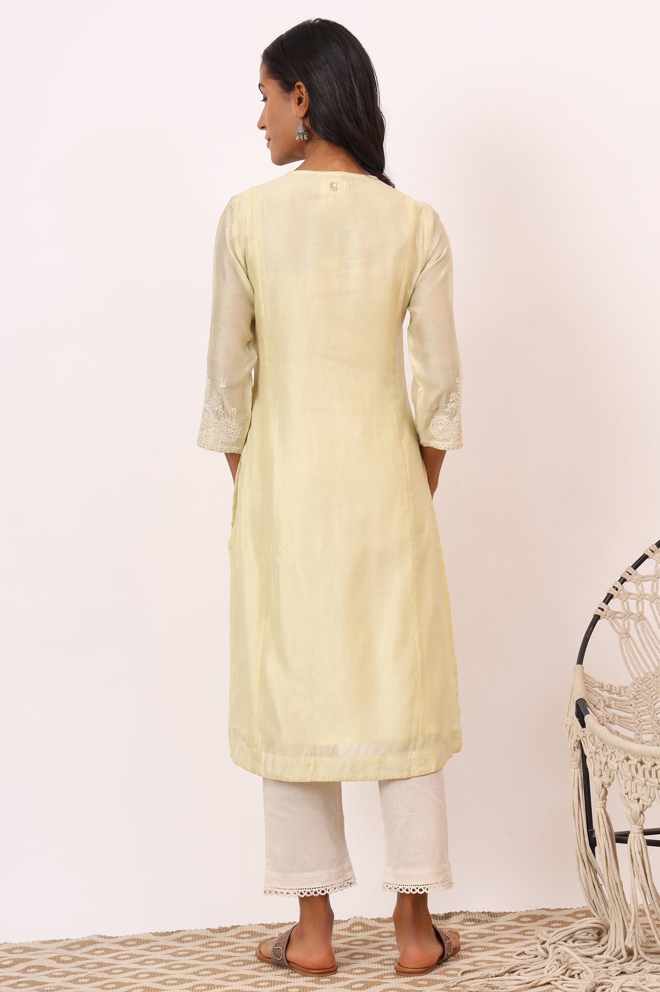 Light Lemon Chikankari Kurta in Cotton Silk