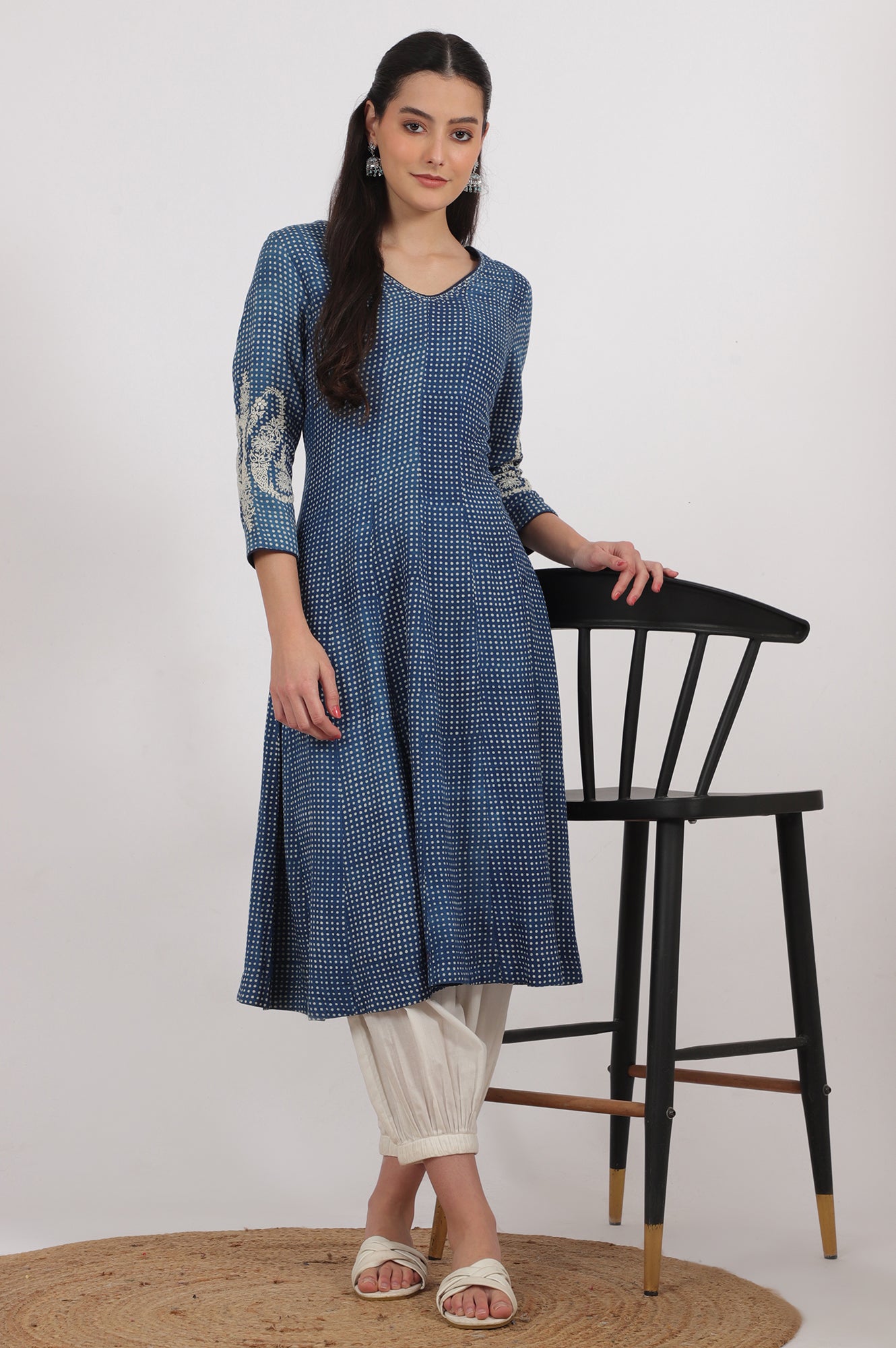 Indigo Handblock Printed Chikankari Kalidar Kurta