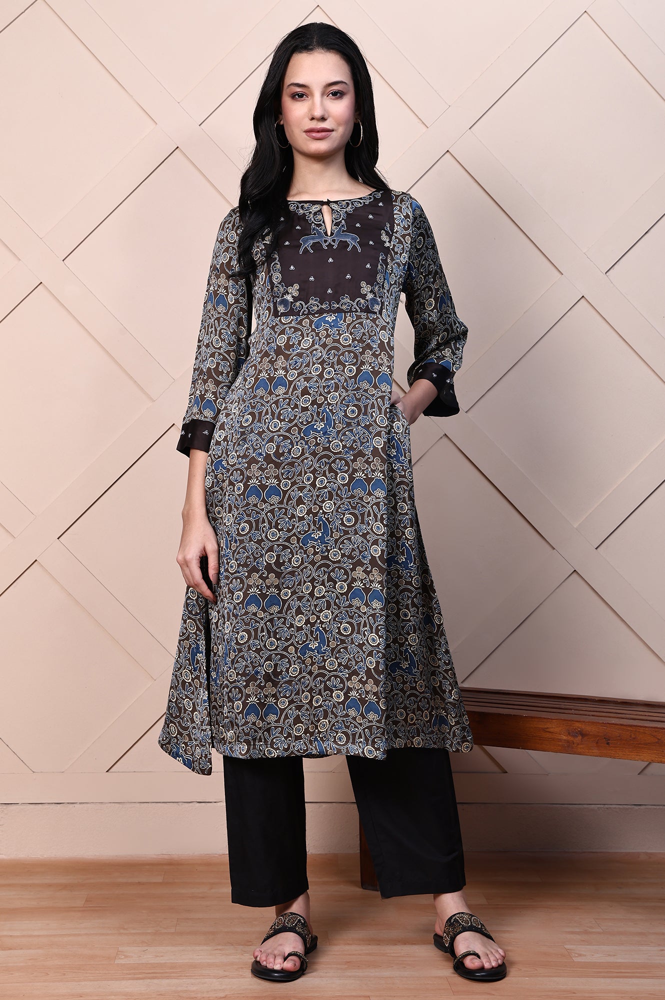 Brown Ajrak Printed Embroidered Modal Satin Flared Kurta