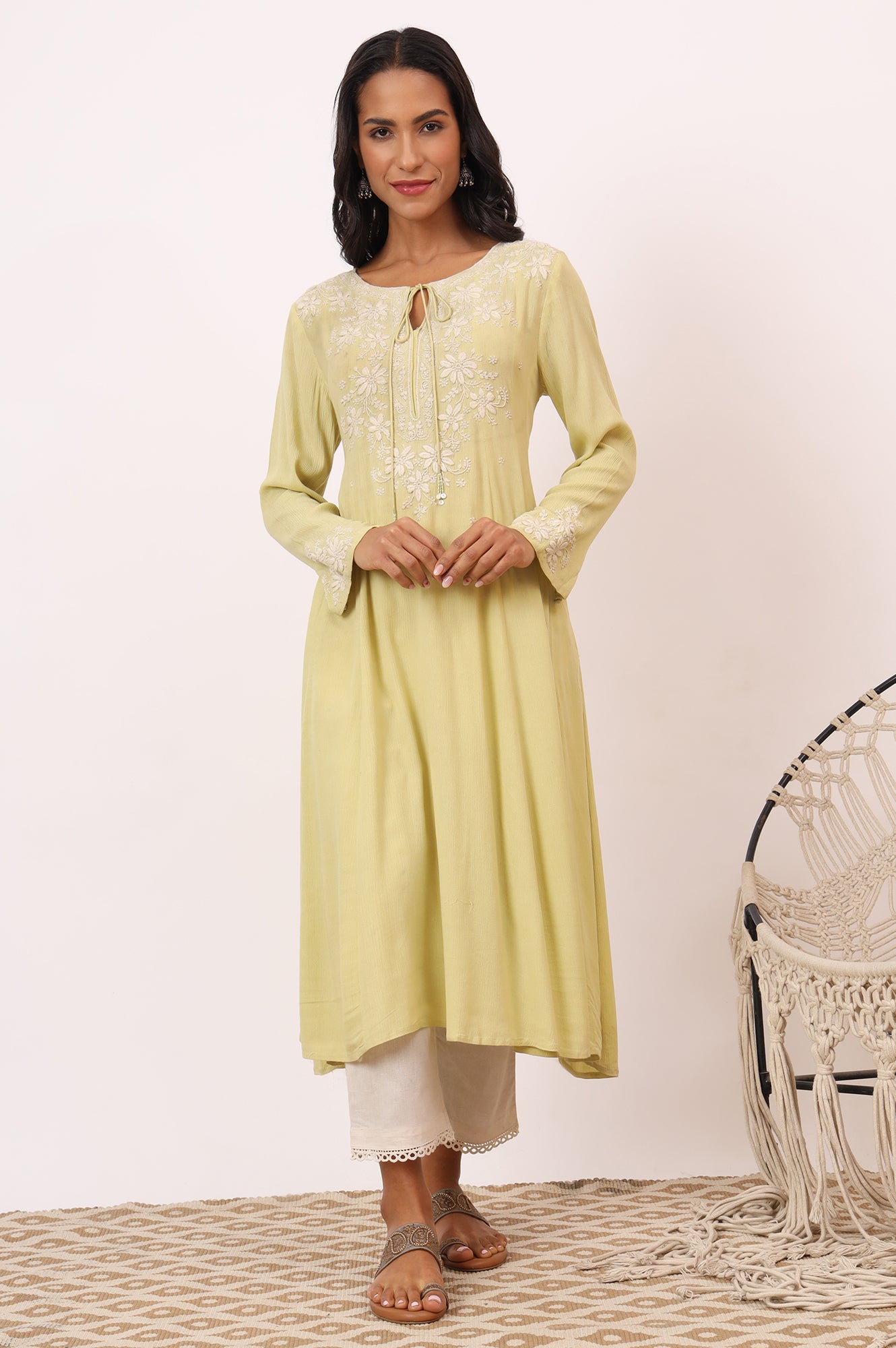 Yellow Chikankari Kurta in Fluid Rayon Crepe