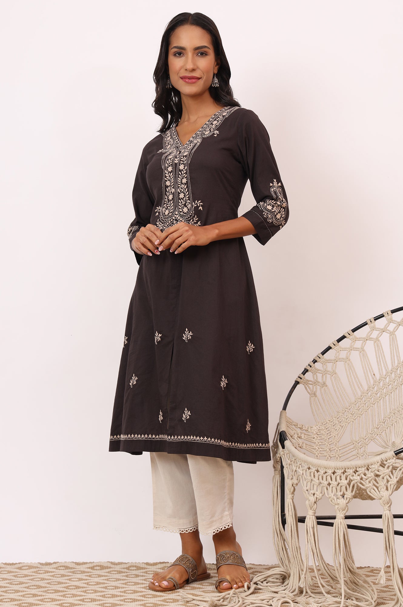 Dark Brown Chikankari Kurta in Soft Voile