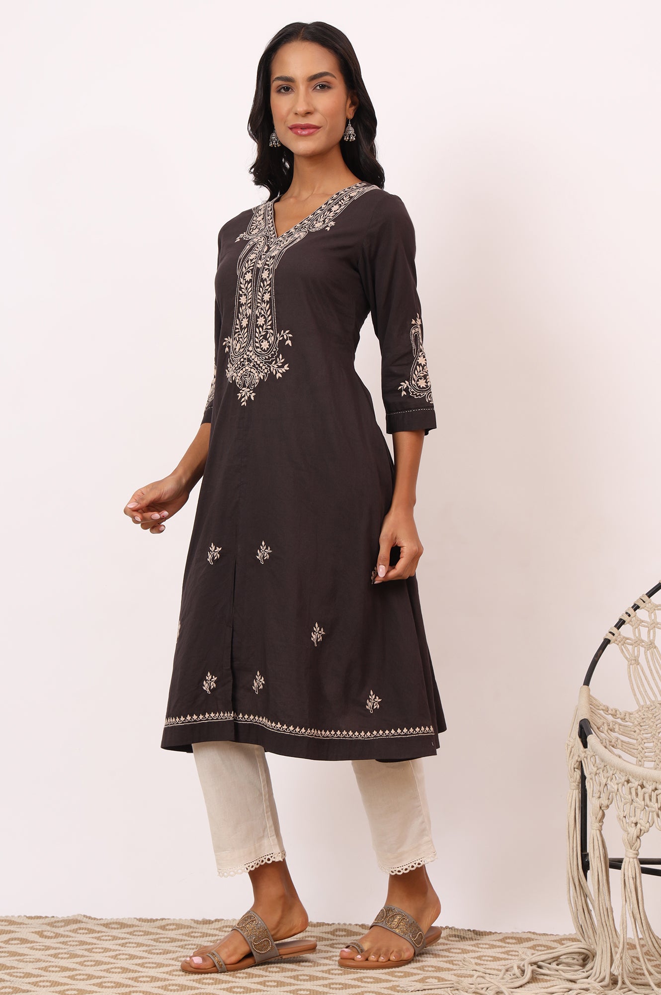 Dark Brown Chikankari Kurta in Soft Voile