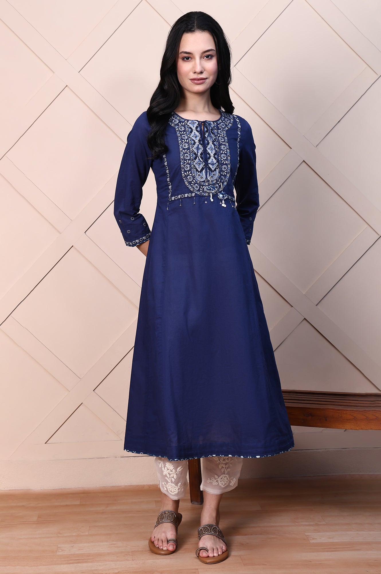 Blue Aari Embroidered Yoke Pure Cotton Flared Kurta