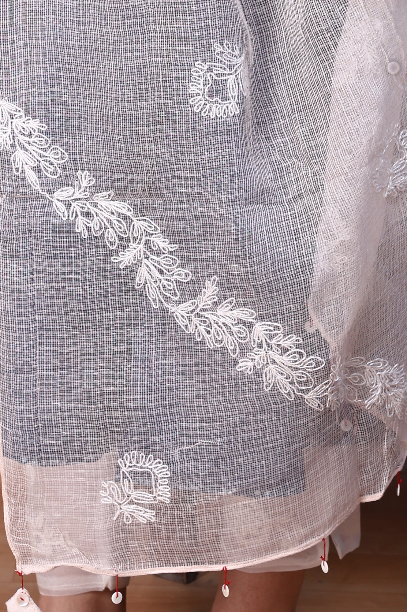 White Thread Embroidered Semi Sheer Cotton Silk Dupatta with Tassels