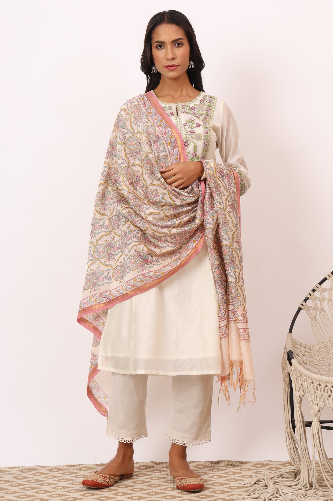 White Hand Block Printed Cotton Silk Dupatta