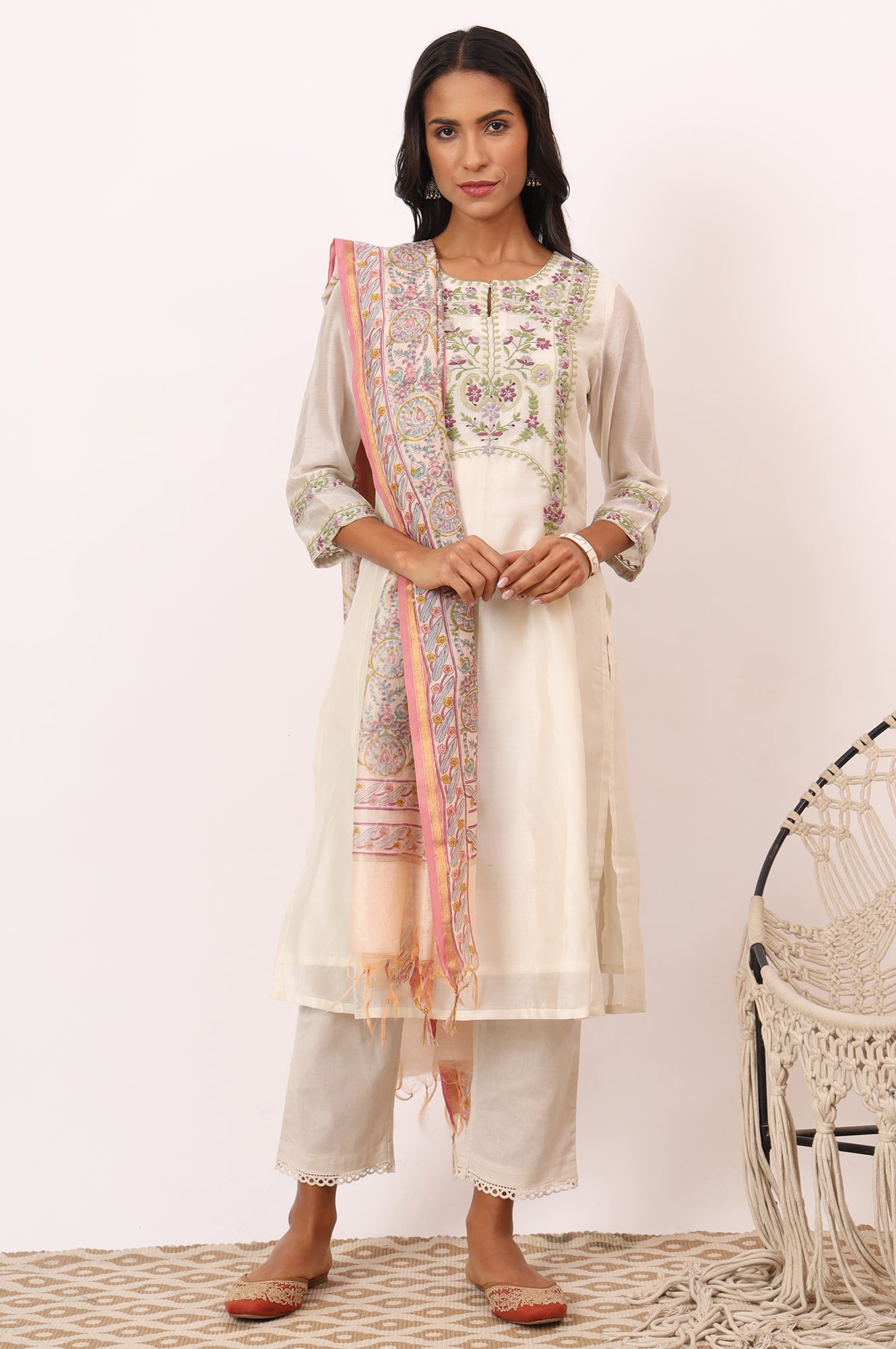 White Hand Block Printed Cotton Silk Dupatta