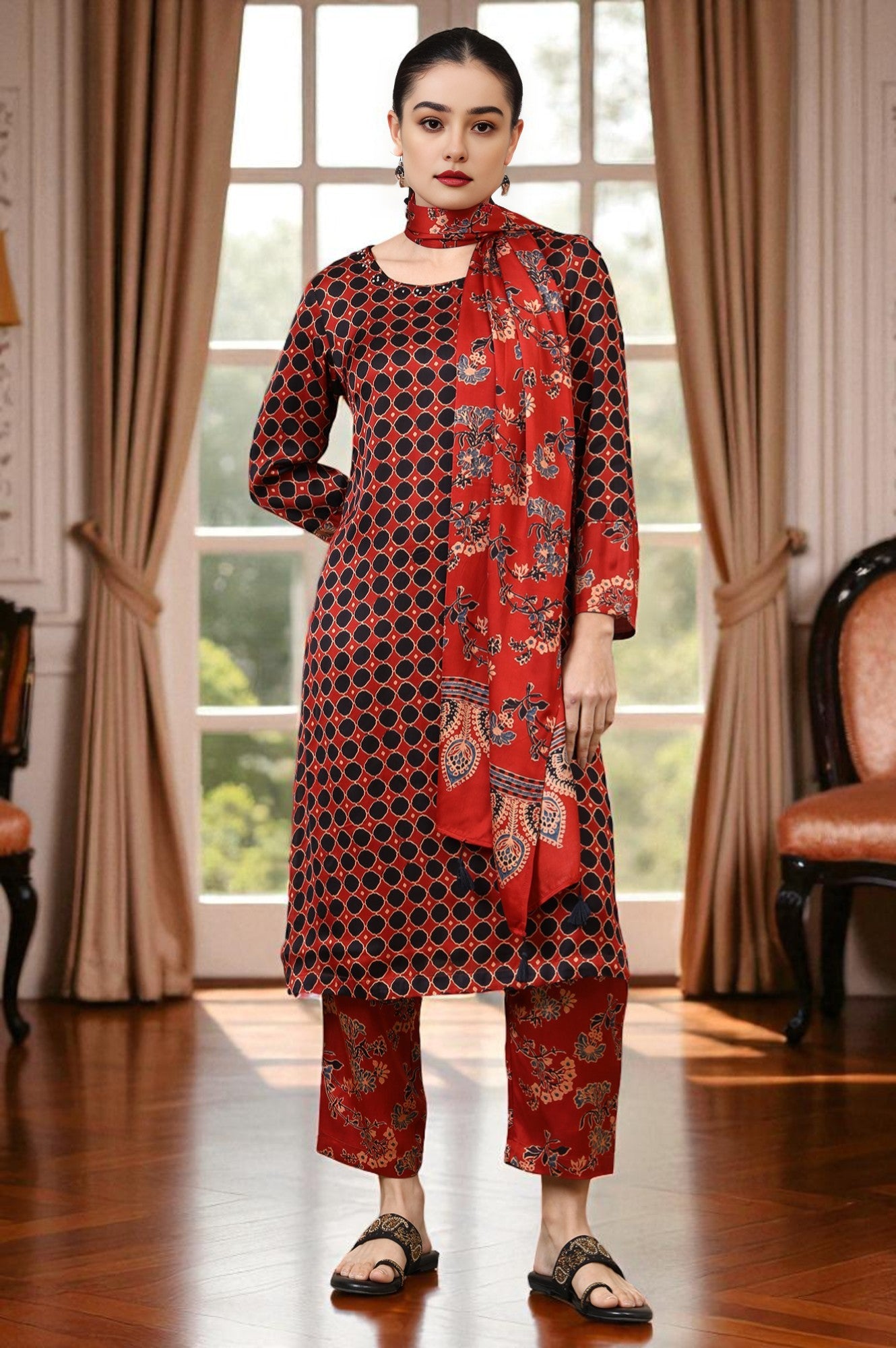 Red Ajrakh Printed Kurta, Straight Pants and Dupatta Set in Modal Satin