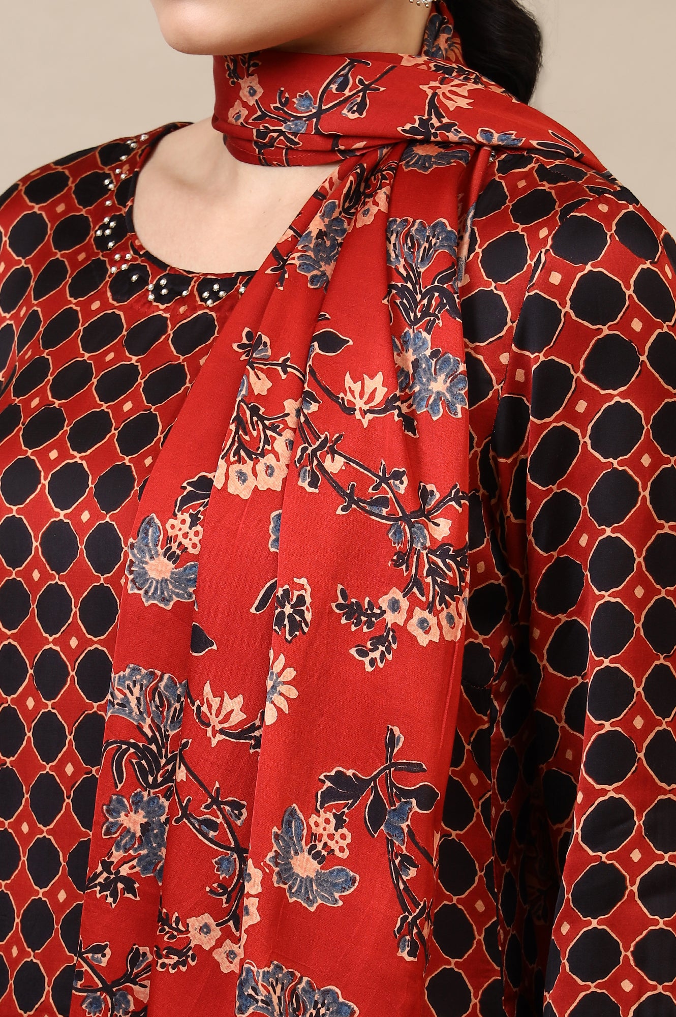 Red Ajrakh Printed Kurta, Straight Pants and Dupatta Set in Modal Satin